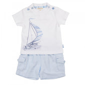 Mintini Baby Boy White and Pale Blue Sailboat Short Set